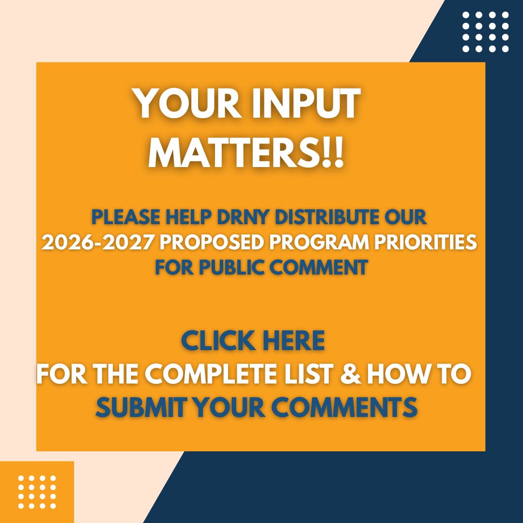 Your input Matters PLEASE HELP DRNY DISTRIBUTE Our 2026-2027 Proposed Program priorities FOR PUBLIC COMMENT Click here for the complete list and how to submit your comments